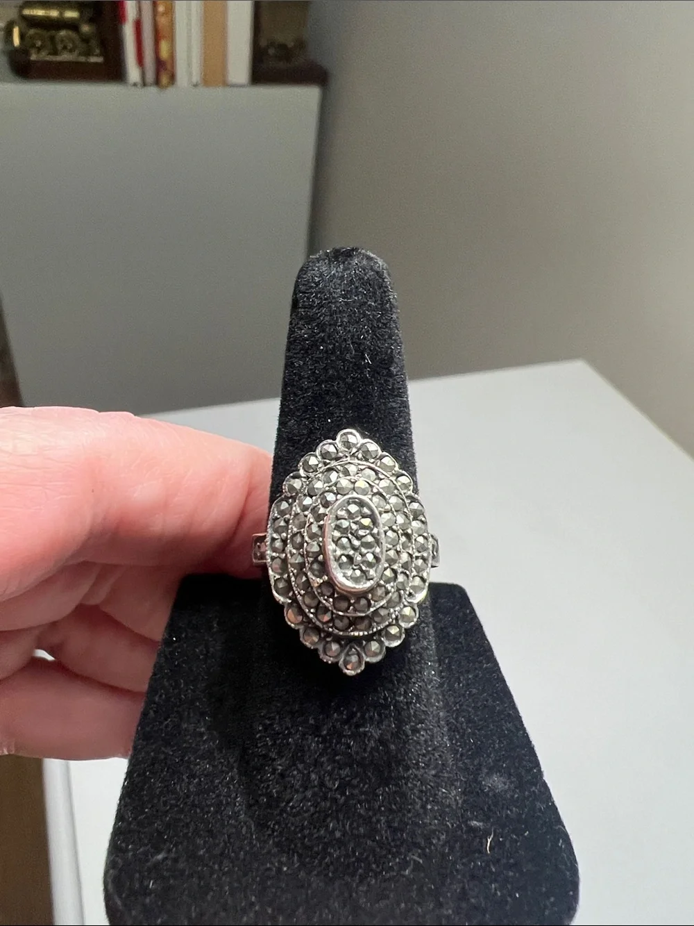 Unique Silver- Tone Black Marcasite Stones in an Oval Cluster Ring Vintage
